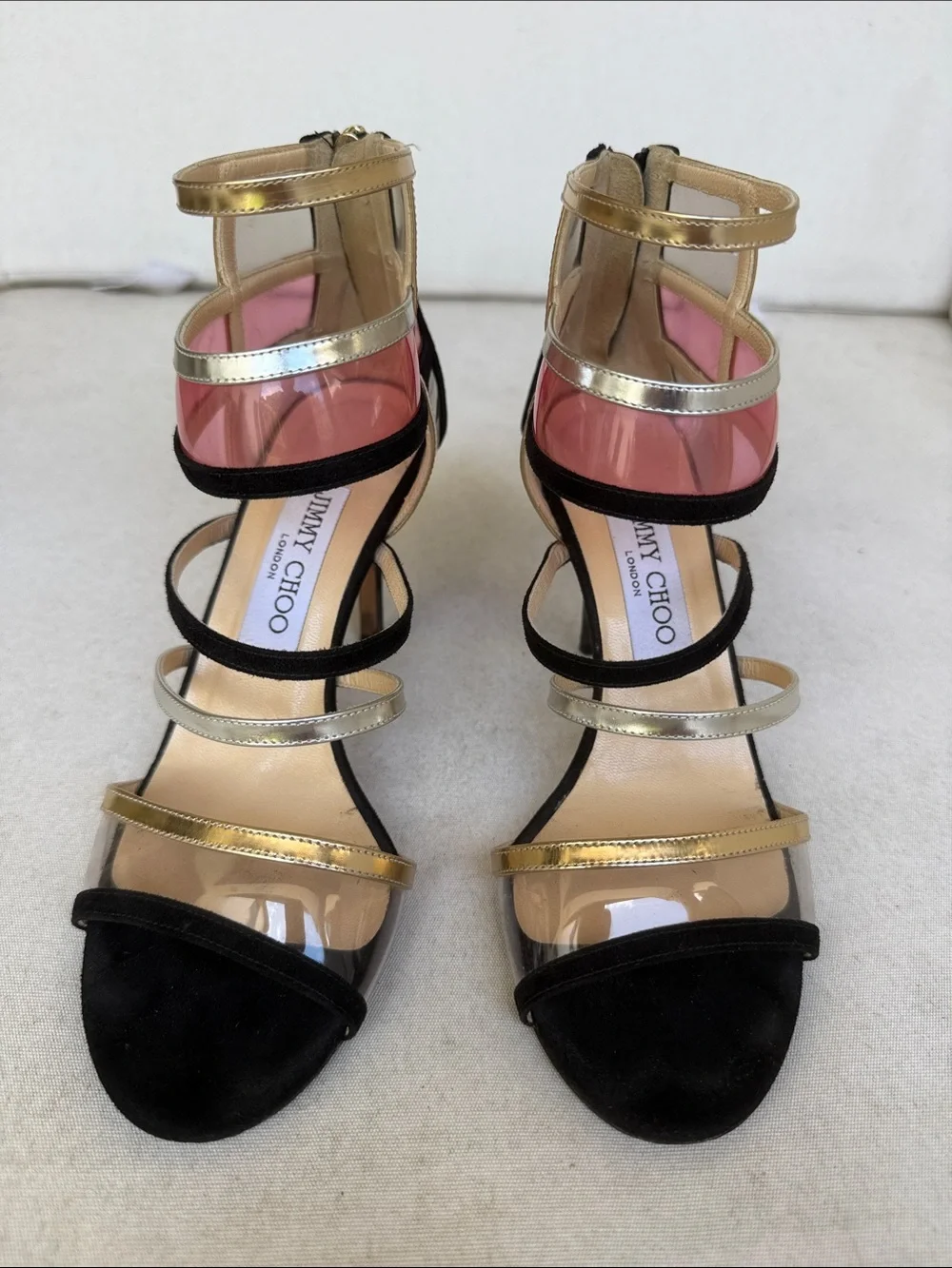 Jimmy Choo Gold, Black & Pink Strappy PVC Heels - Picture 1 of 5